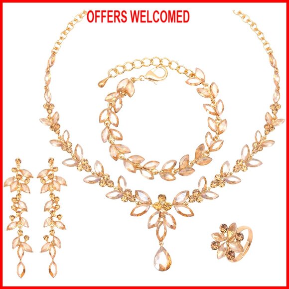 Austrian Crystal Bridal Jewelry Set with Necklace Earrings Bracelet Ring